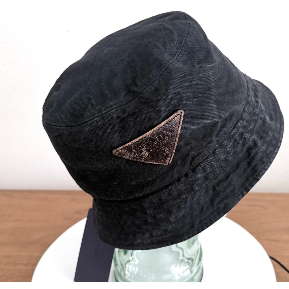 Prada Black Canvas Bucket Hat Leather Triangle Logo Made in Italy Size M 58cm